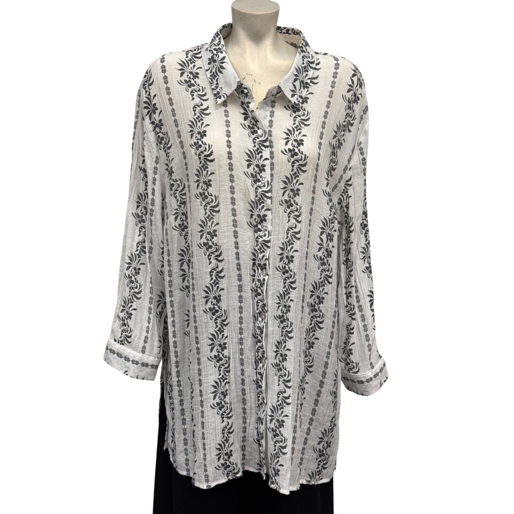 Fred David 2X Floral Print‎ White Button-Up Long Sleeve Tunic Top